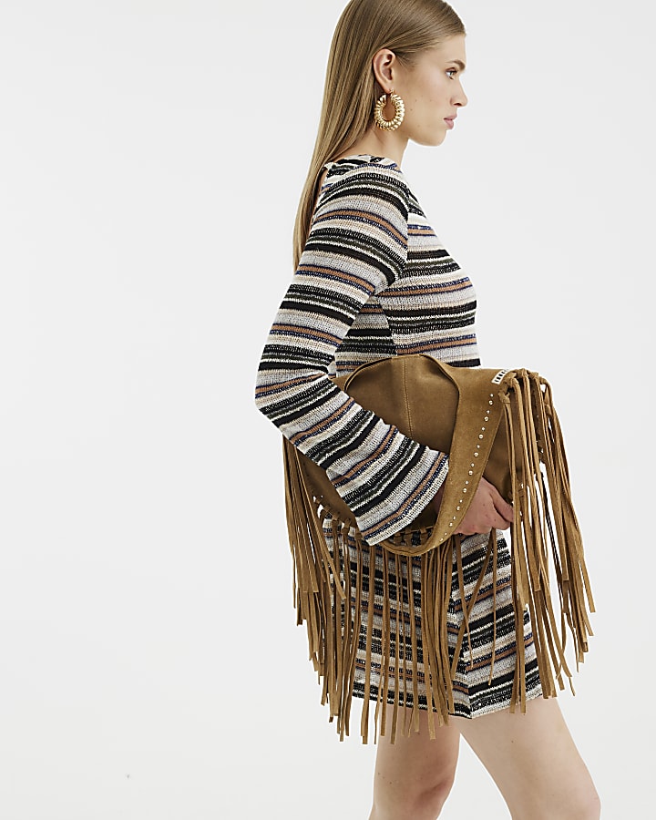 Beige Long Sleeve Stripe Mini Dress