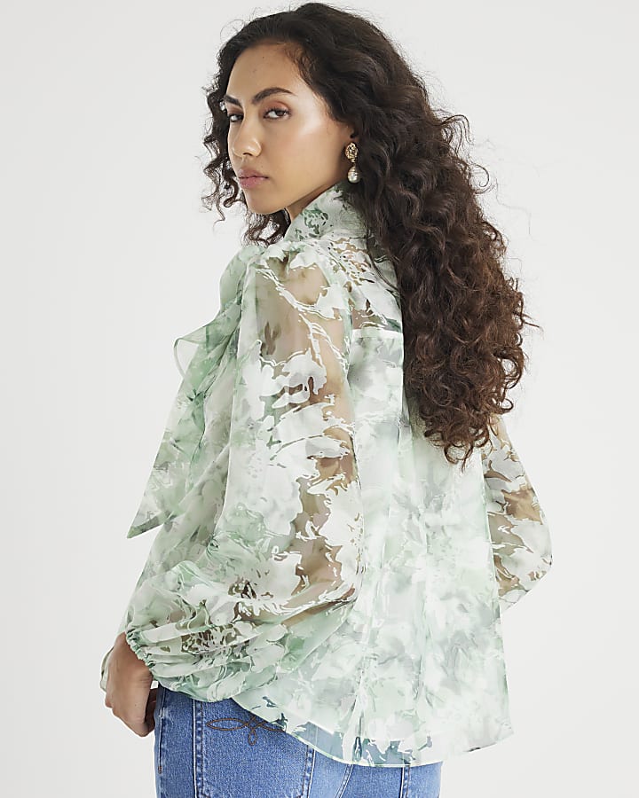 Green Premium Sheer Floral Print Shirt