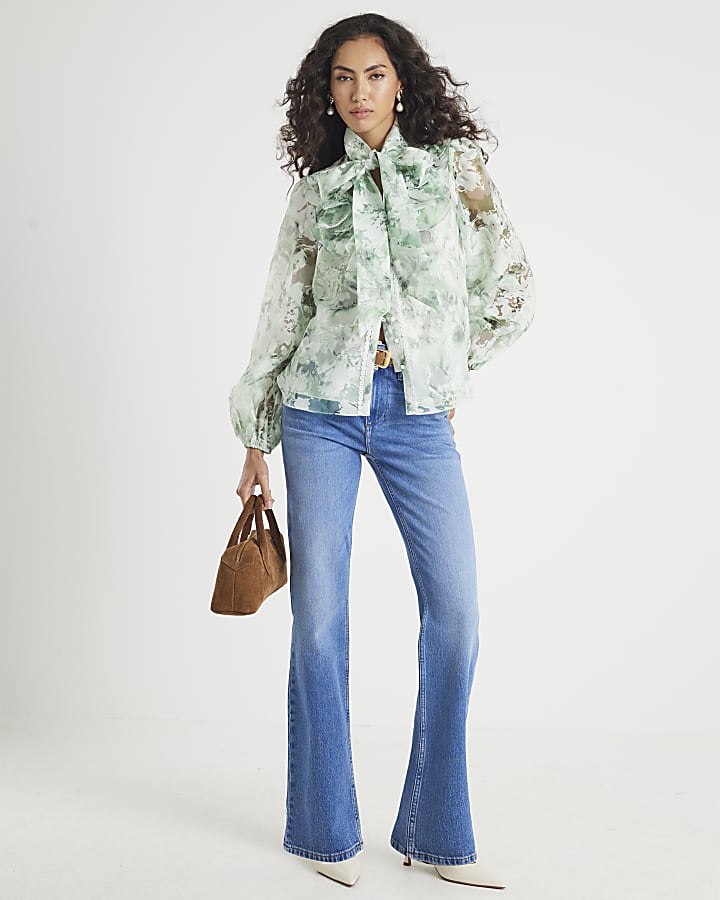 Green Premium Sheer Floral Print Shirt
