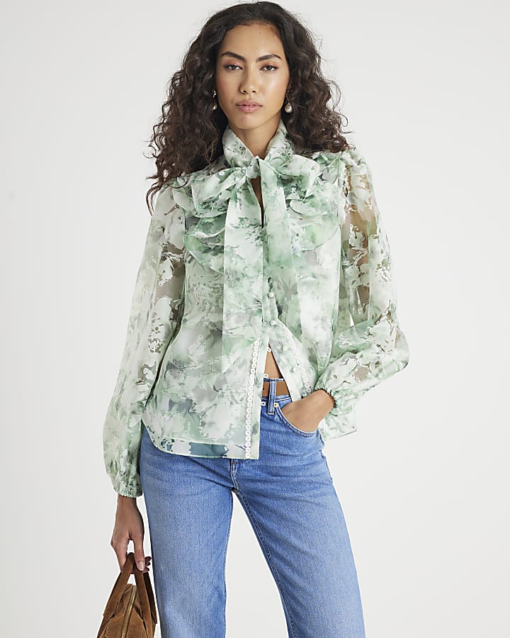 Green Premium Sheer Floral Print Shirt