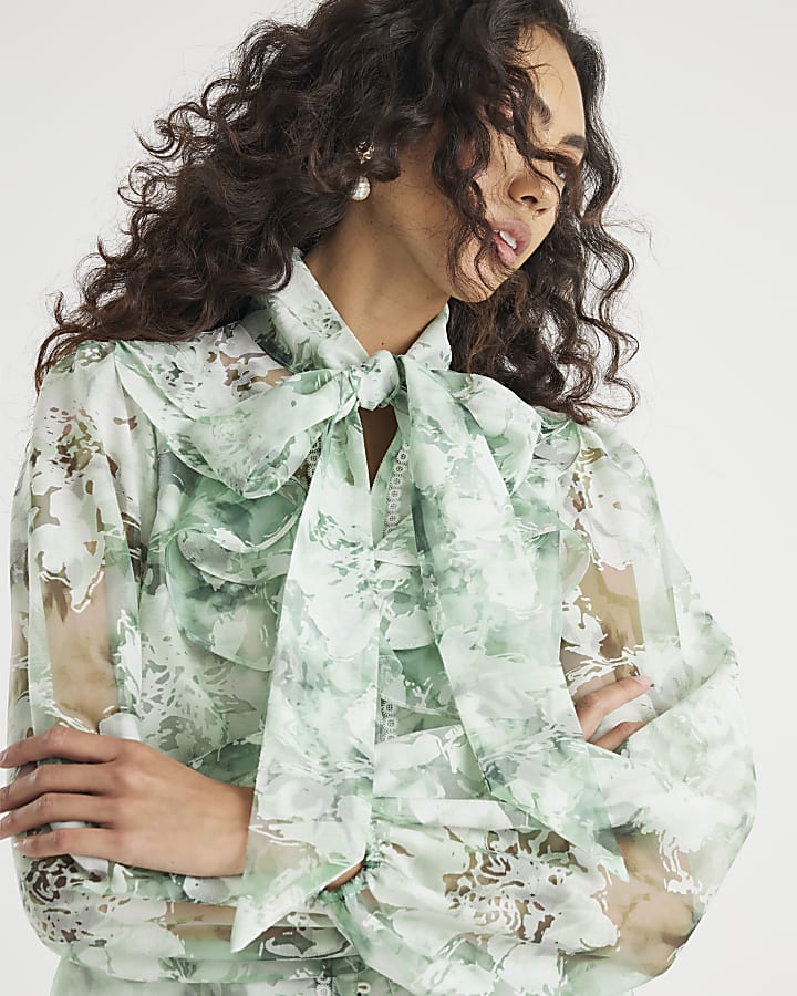 Green Premium Sheer Floral Print Shirt