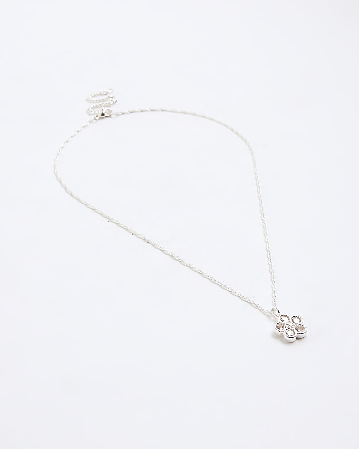 Silver Crystal Cubic Zirconia Floral Necklace