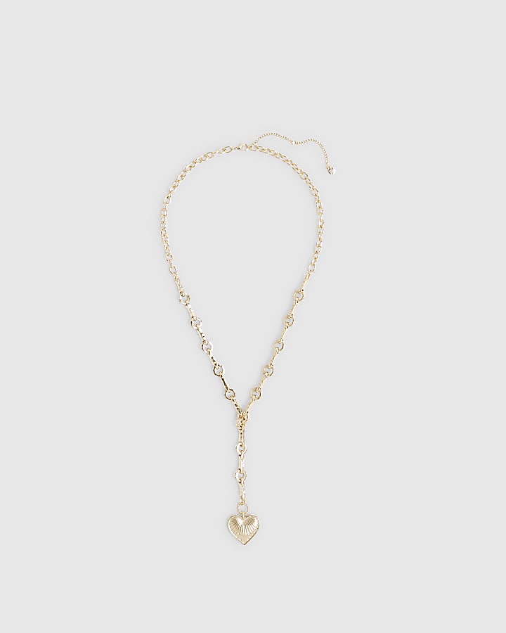 Gold Ridged Heart Pendant Necklace