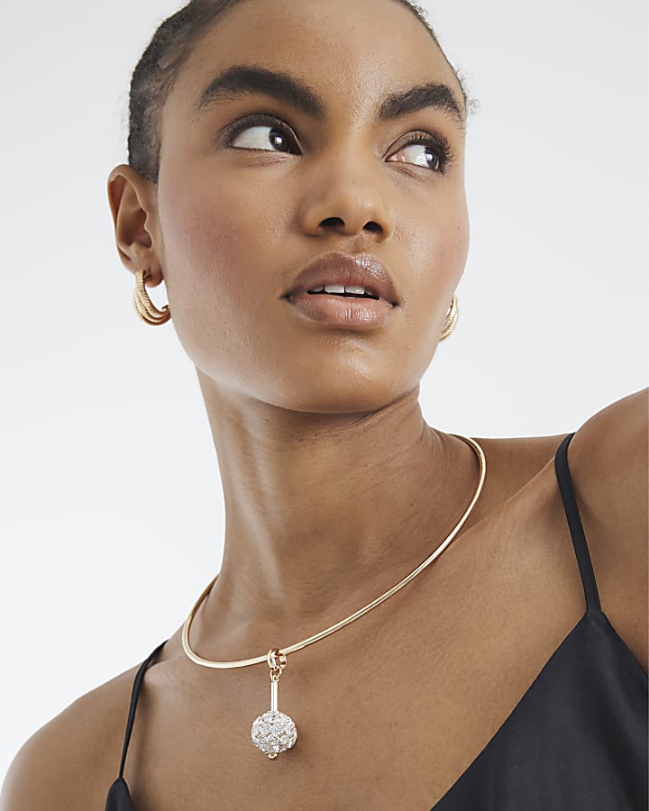 Gold Diamante Paved Ball Necklace