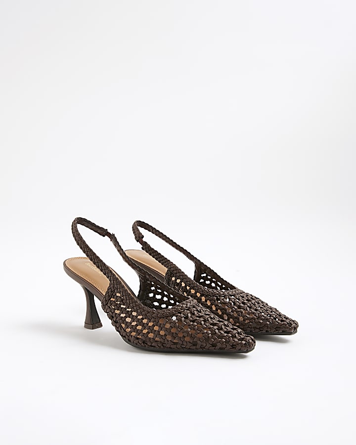 Brown Woven Slingback Court Heels