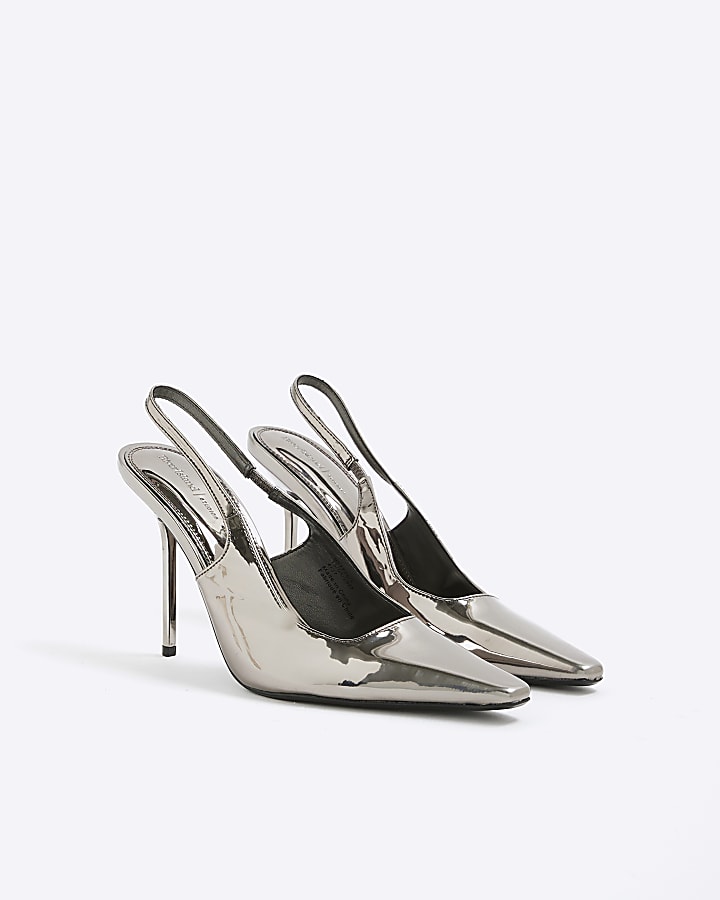Silver Pointed Toe Slingback Heels