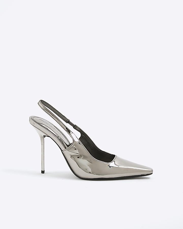 Silver Pointed Toe Slingback Heels
