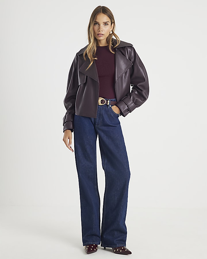 Red Cropped Belted Trench Jacket