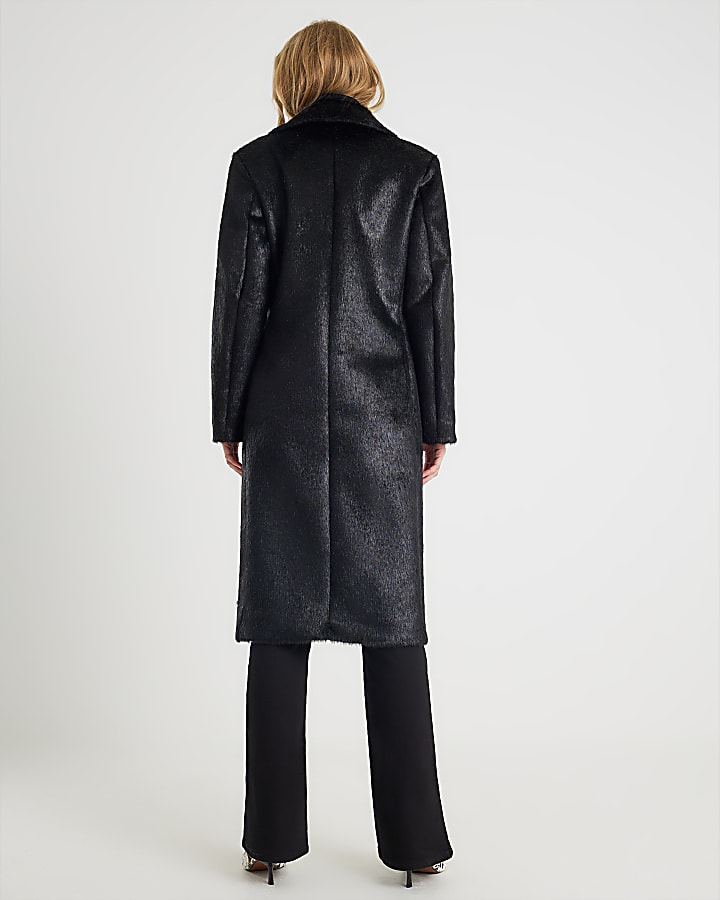 Black Pony Effect Double Breasted Coat