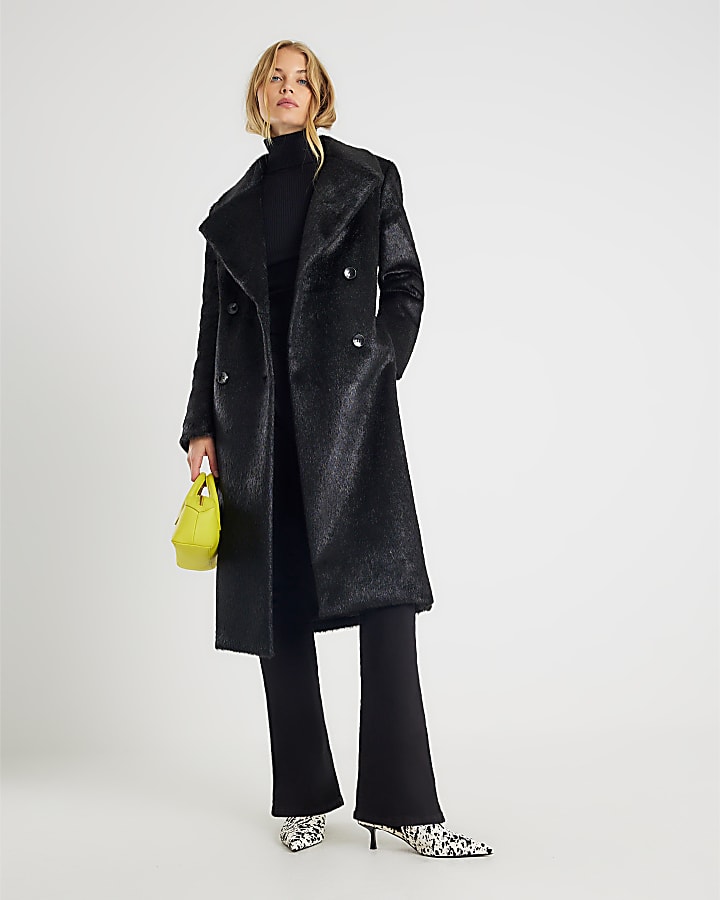 Black Pony Effect Double Breasted Coat