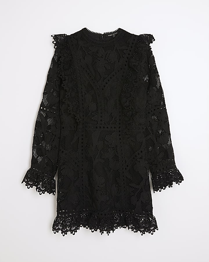 Black Long Sleeve Lace Detail Mini Dress