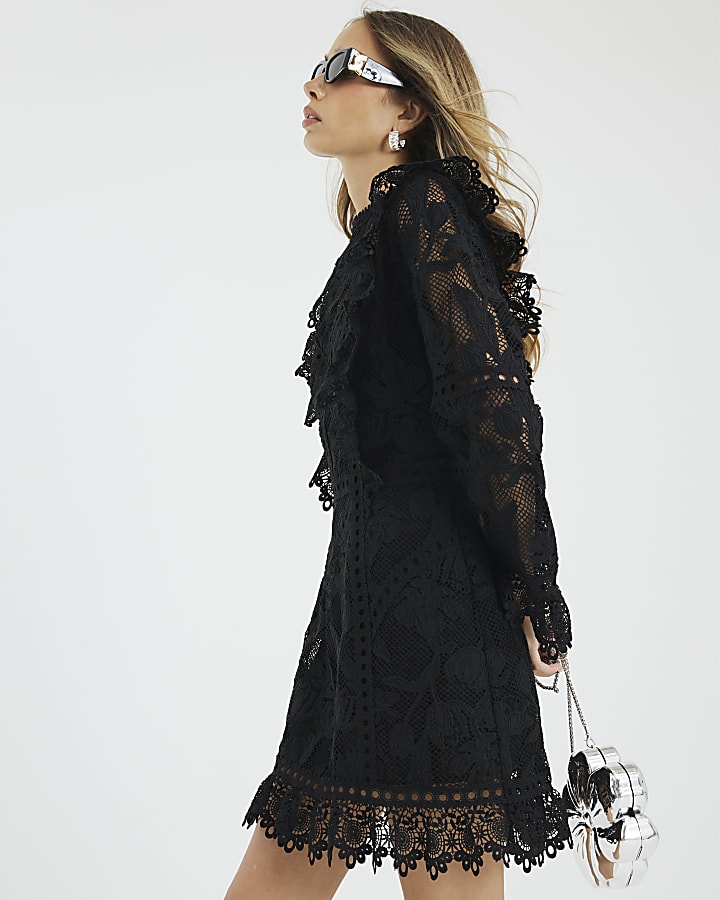 Black Long Sleeve Lace Detail Mini Dress
