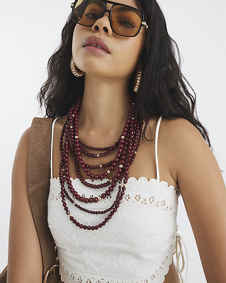 Red Beaded Layered Necklace