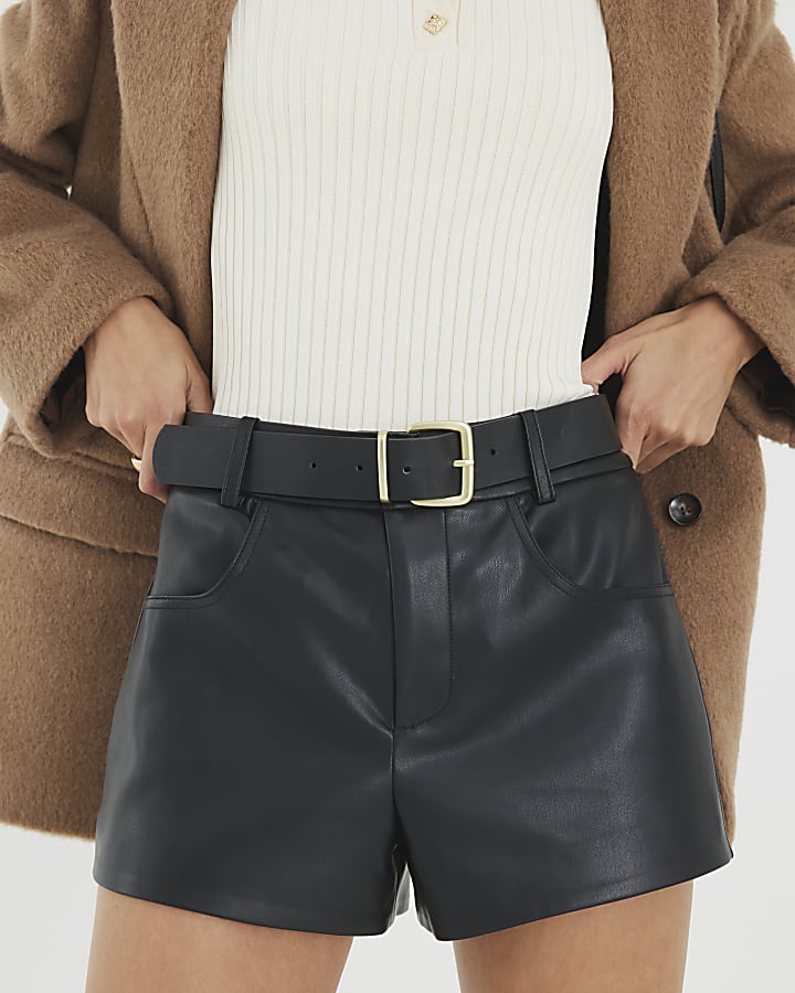 Black Faux Leather Belted Hotpant Shorts