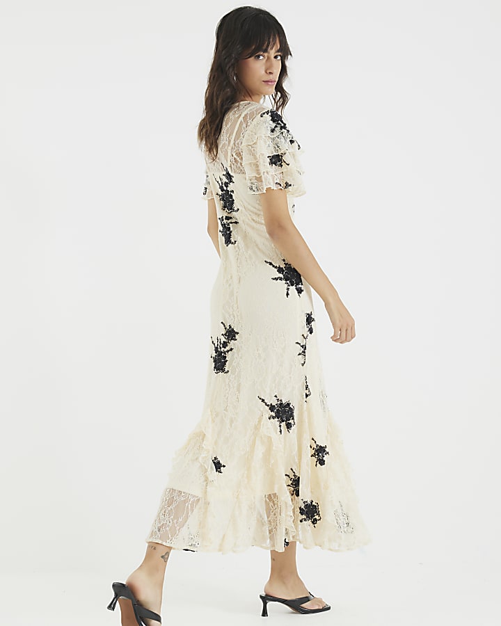 Beige Lace Embellished Maxi Dress