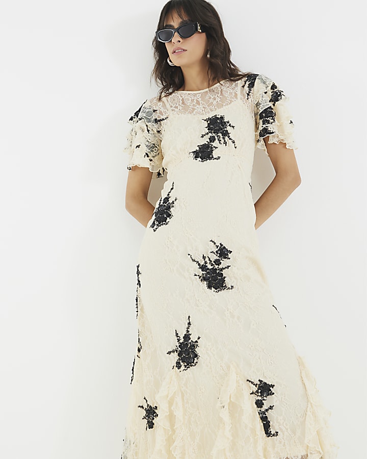 Beige Lace Embellished Maxi Dress