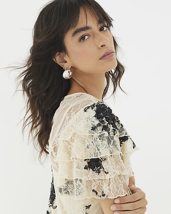 Beige Lace Embellished Maxi Dress