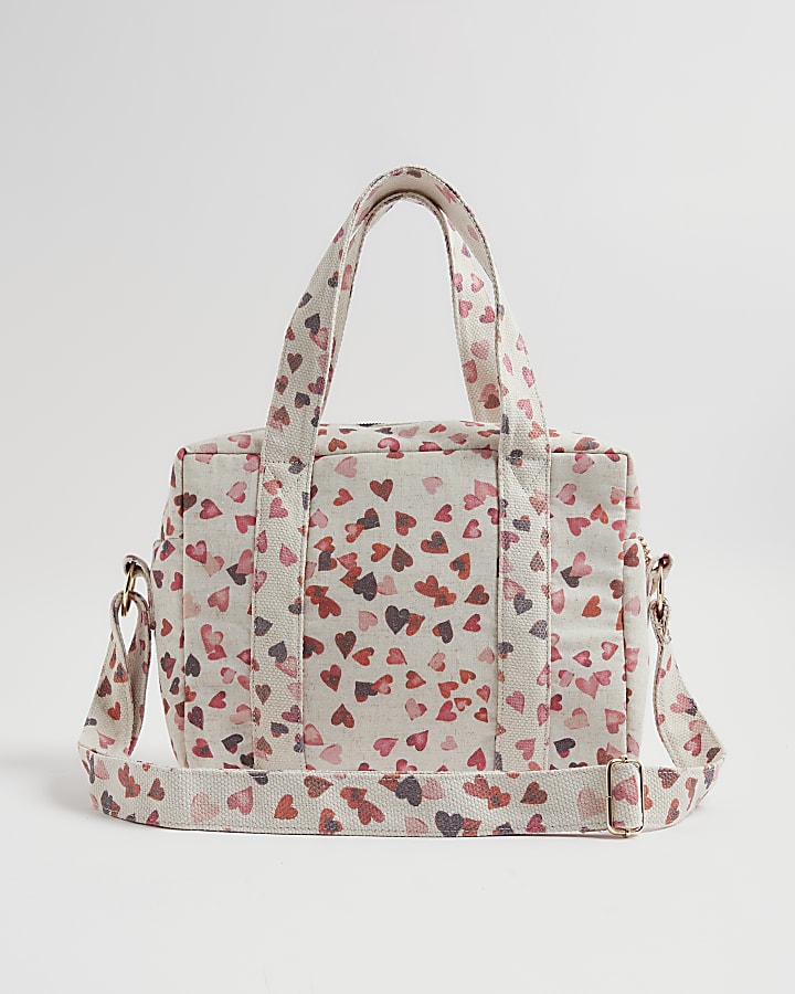 Cream Canvas Heart Print Holdall bag