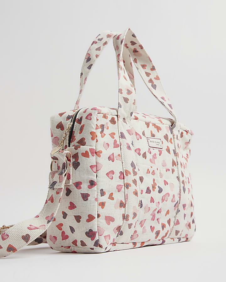 Cream Canvas Heart Print Holdall bag