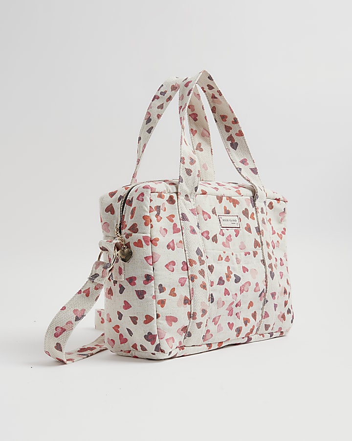 Cream Canvas Heart Print Holdall bag