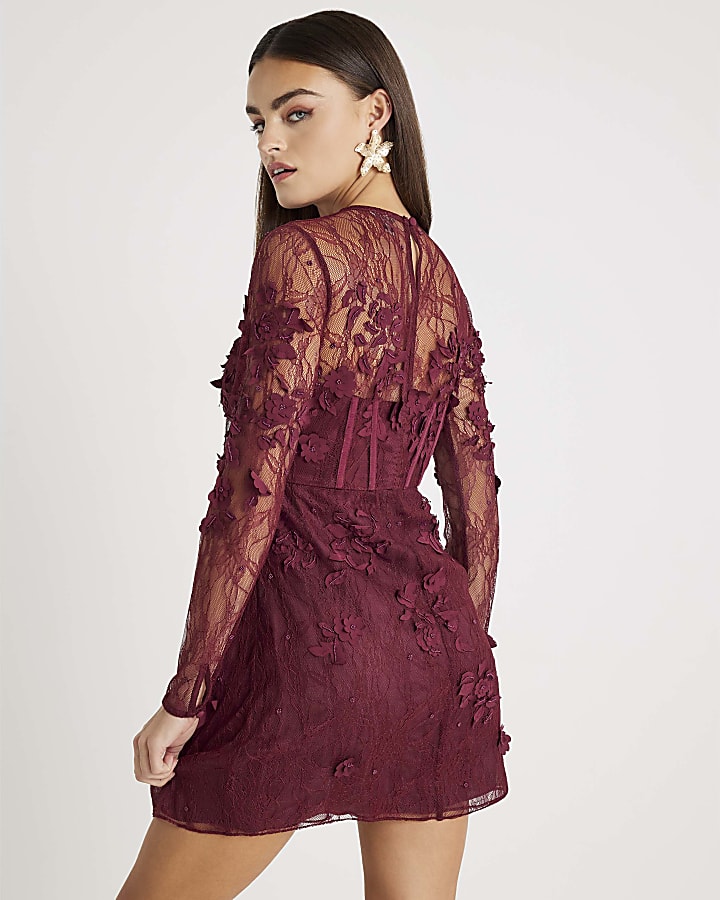 Red Lace Long Sleeve Embellished Mini Dress