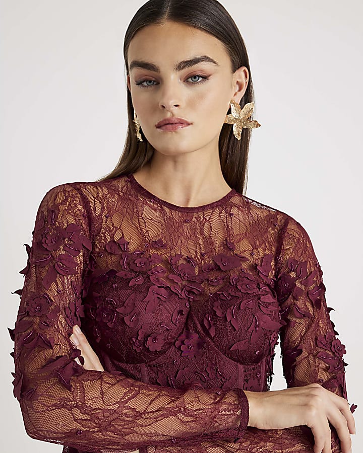 Red Lace Long Sleeve Embellished Mini Dress