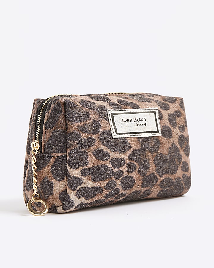 Brown Canvas Leopard Make Up Bag