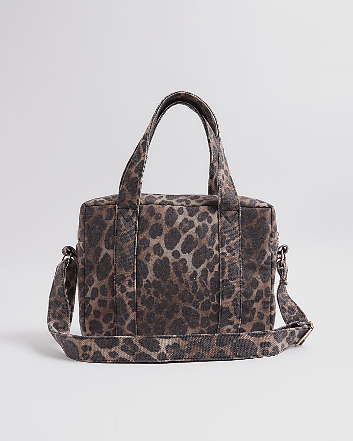 Brown Canvas Leopard Print Holdall Bag