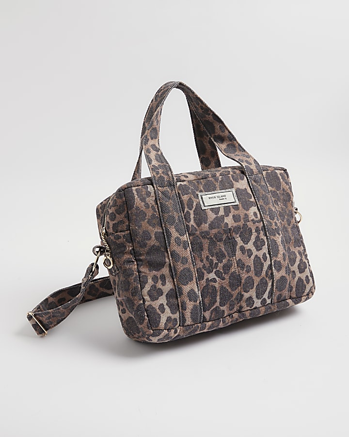 Brown Canvas Leopard Print Holdall Bag