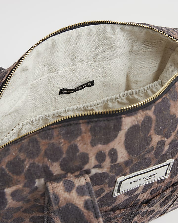 Brown Canvas Leopard Print Holdall Bag