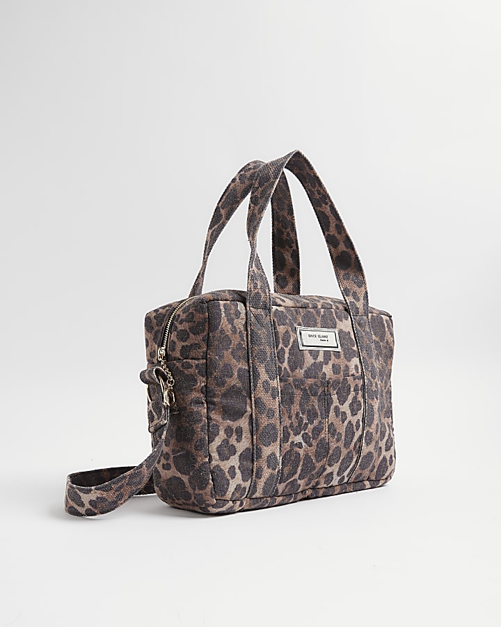 Brown Canvas Leopard Print Holdall Bag