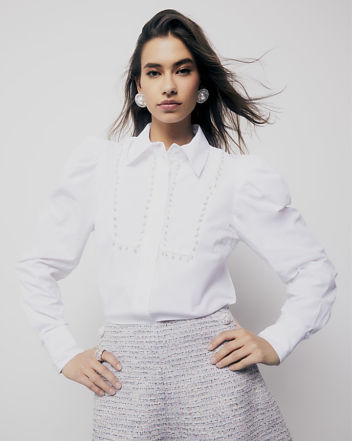 White Pearl Detail Long Sleeve Shirt