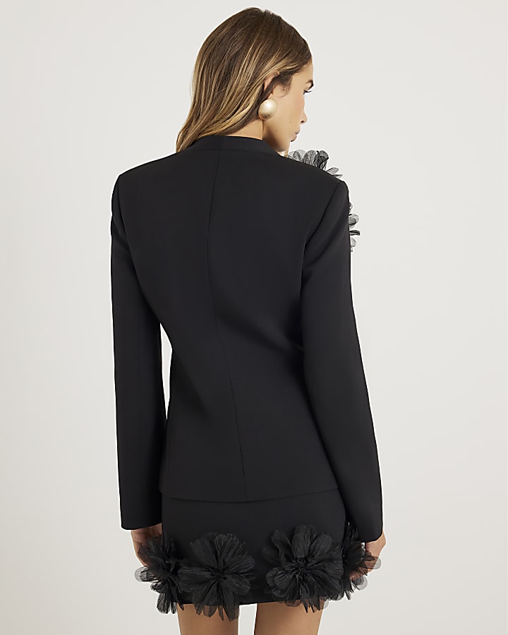 Black 3D Flower Collarless Blazer