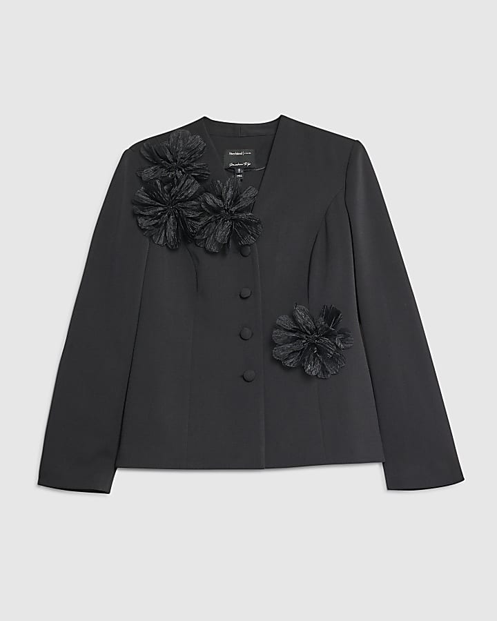 Black 3D Flower Collarless Blazer