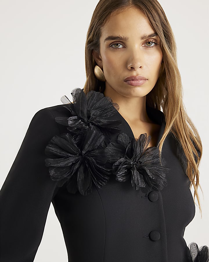 Black 3D Flower Collarless Blazer