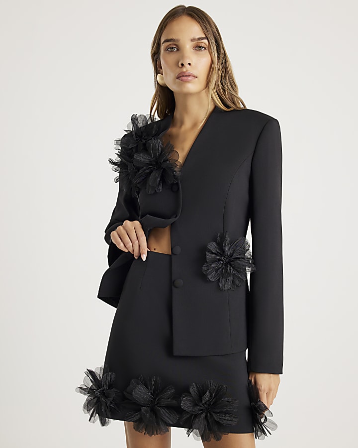Black 3D Flower Mini Skirt