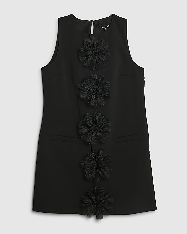 Black 3D Flower Mini Shift Dress