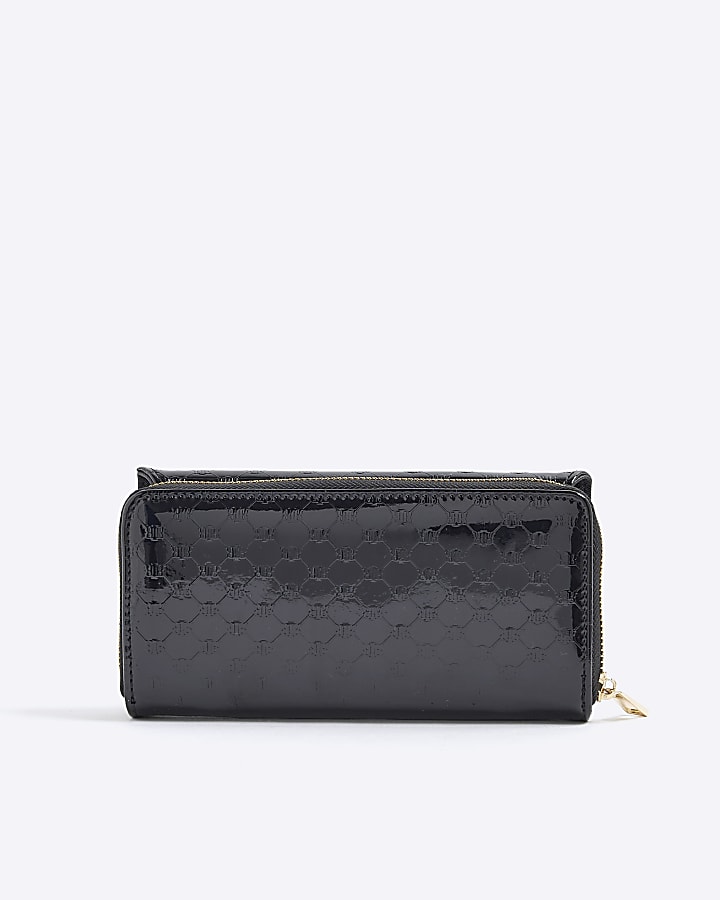 Black Logo Monogram Print Patent Flap Purse