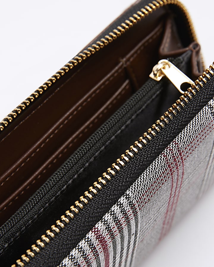 Brown Check Flap Zip Around Purse