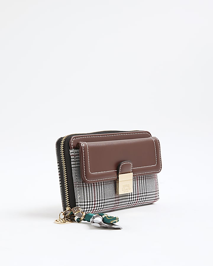 Brown Check Flap Zip Around Purse