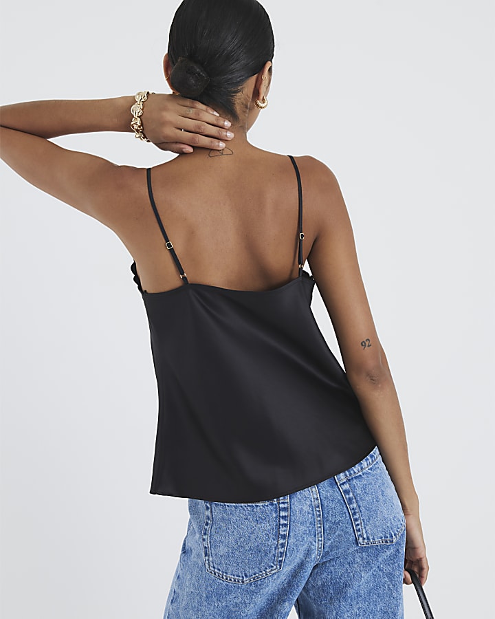 Black Satin Scallop Trim Cami Top