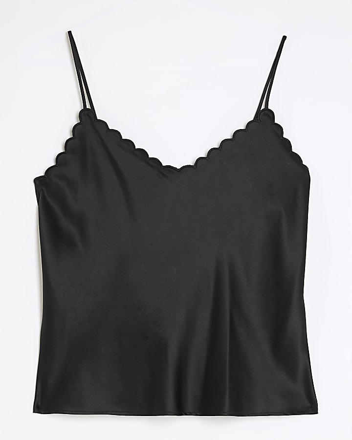Black Satin Scallop Trim Cami Top