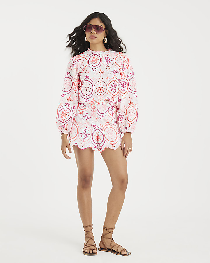 White Long Sleeve Cutwork Detail Blouse