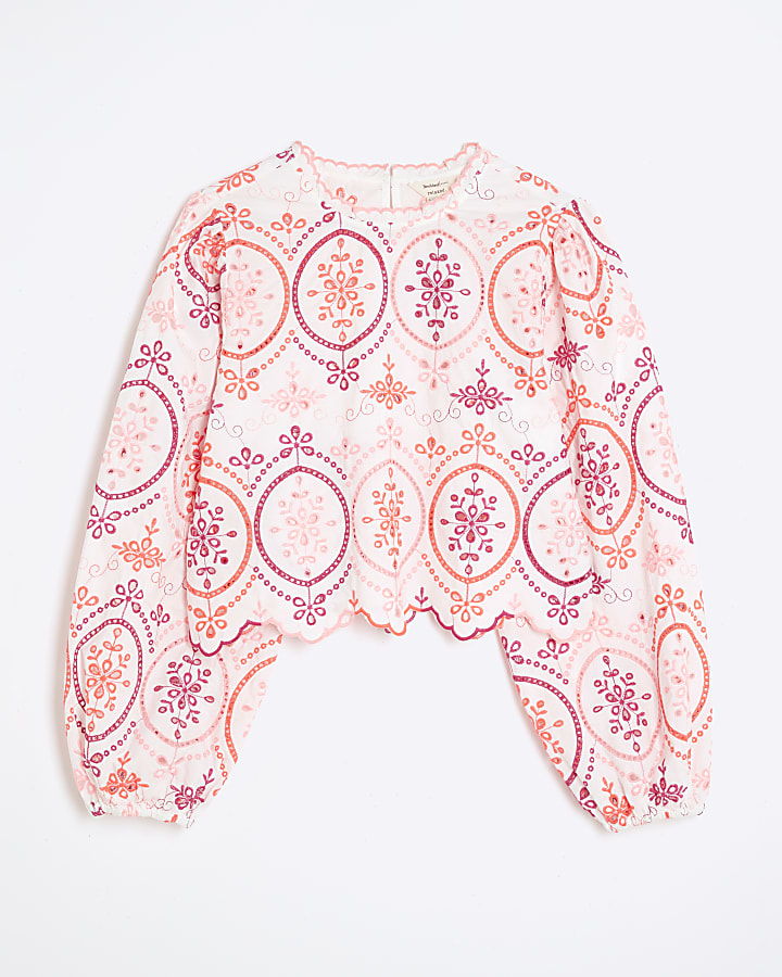 White Long Sleeve Cutwork Detail Blouse