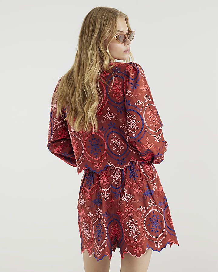 Brown Long Sleeve Cutwork Detail Blouse