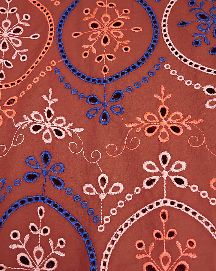 Brown Long Sleeve Cutwork Detail Blouse