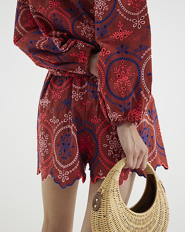 Brown Long Sleeve Cutwork Detail Blouse