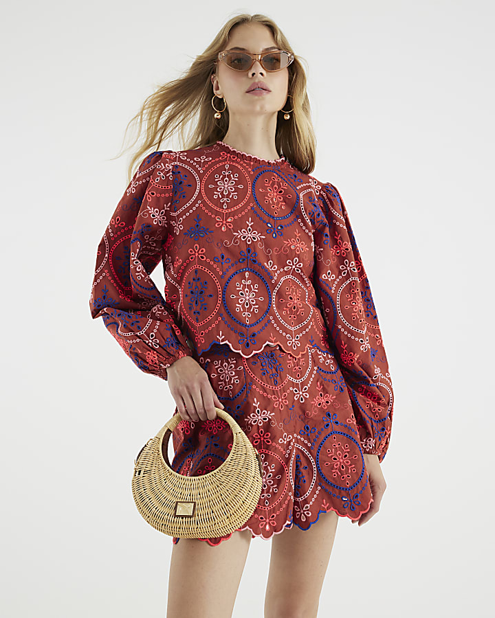 Brown Long Sleeve Cutwork Detail Blouse