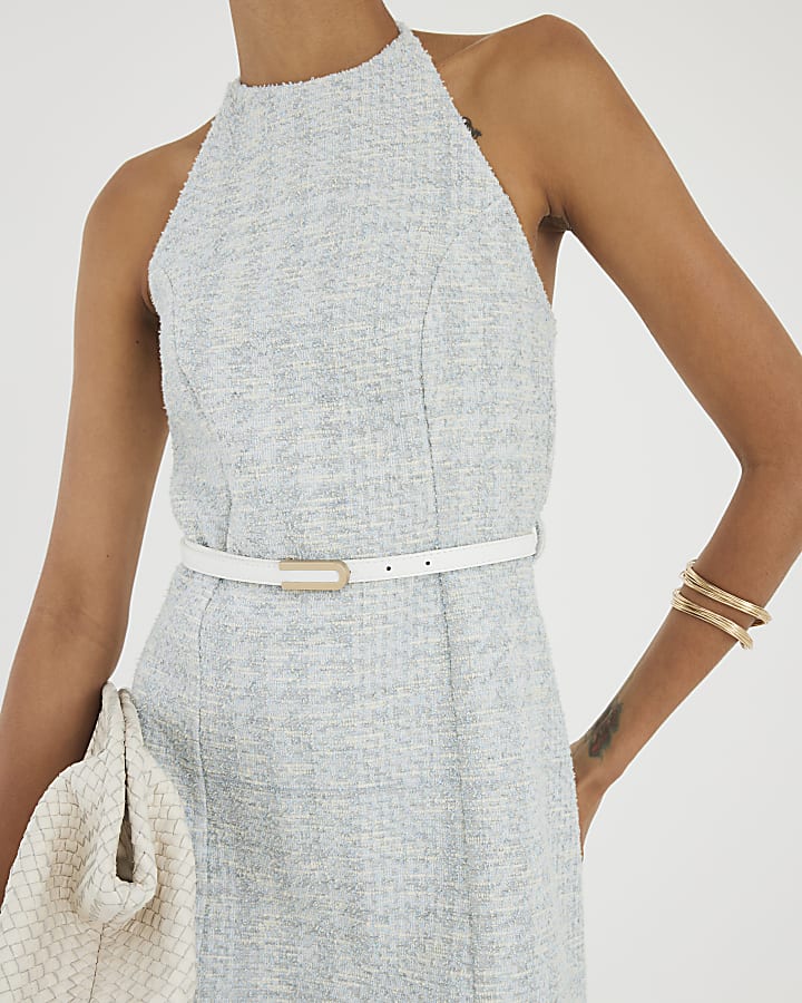 Blue Sleeveless Boucle Belted Mini Dress