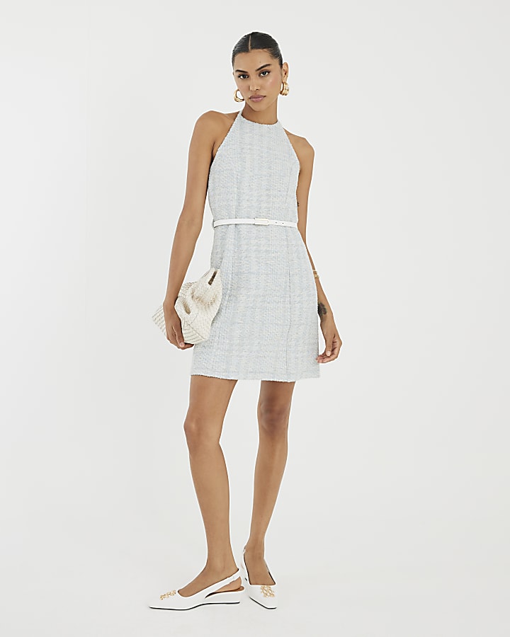 Blue Sleeveless Boucle Belted Mini Dress